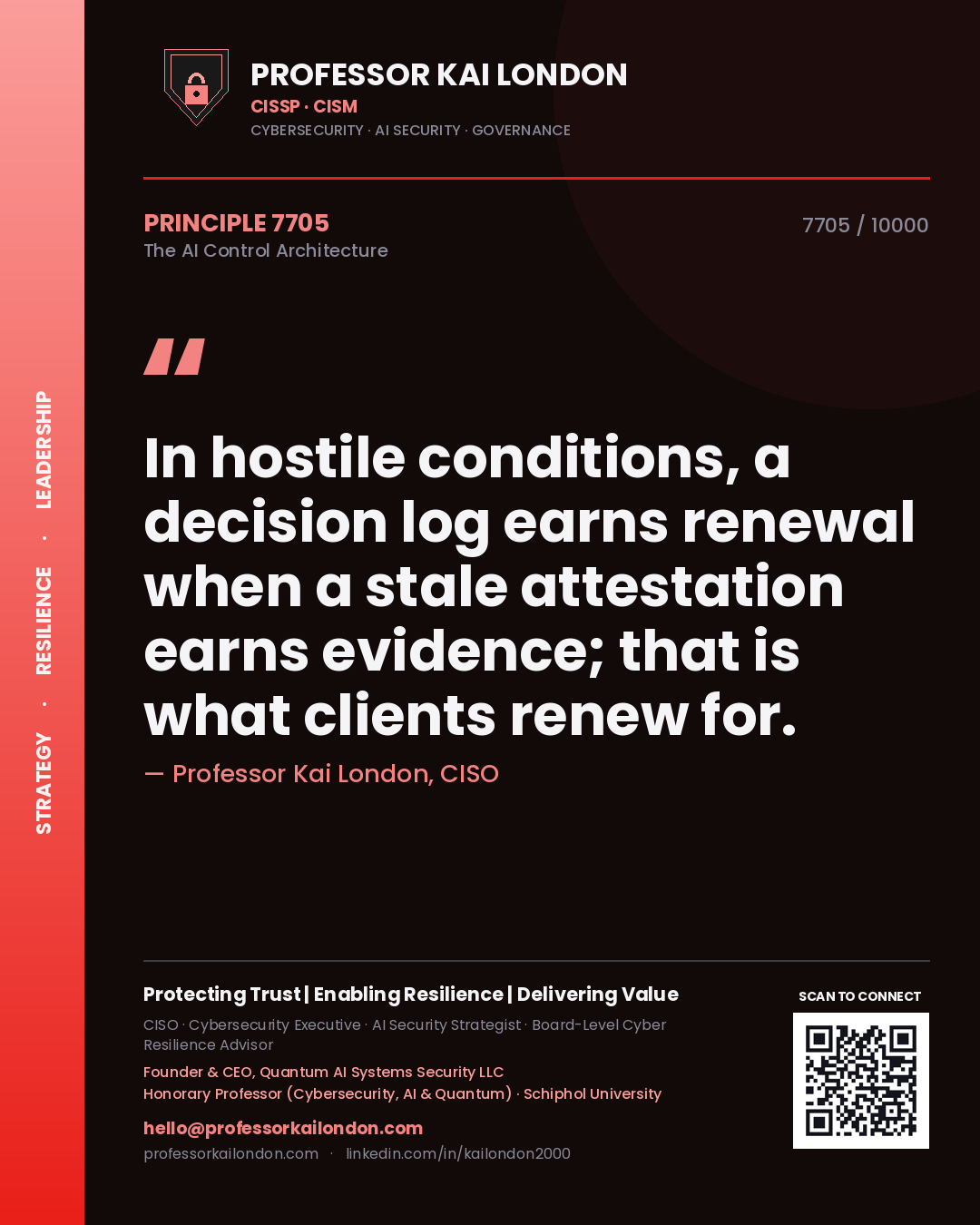 Quote card by Professor Kai London reading 'In hostile conditions, a decision log earns renewal when a stale attestation earns evidence; that is what clients renew for.'. From the book The AI Control Architecture.