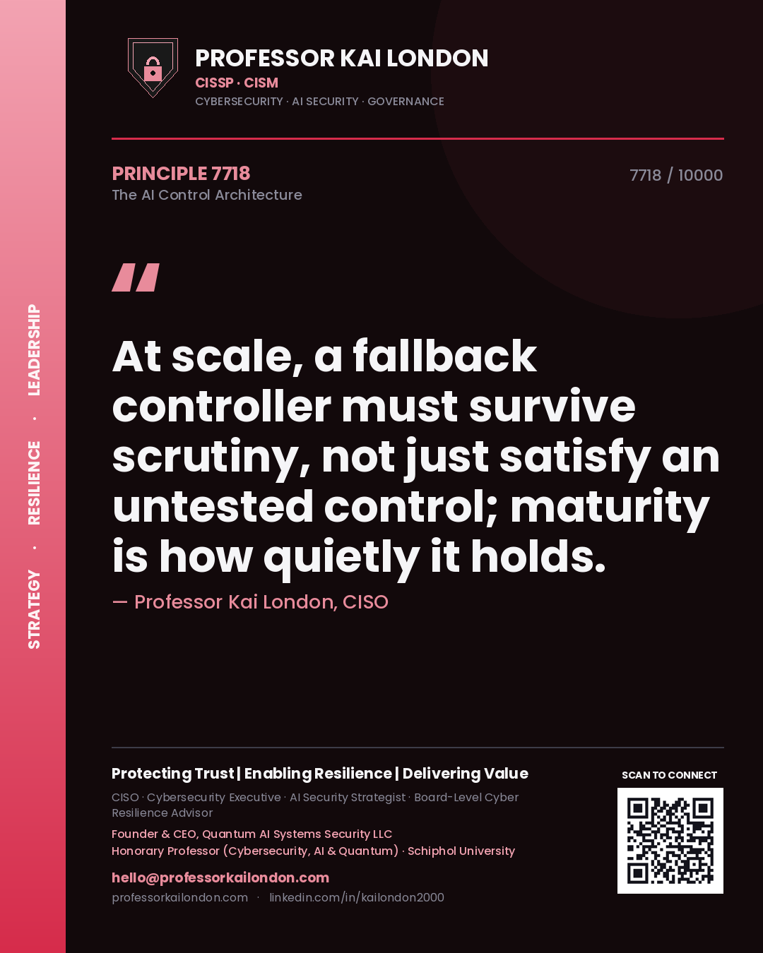 Quote card by Professor Kai London reading 'At scale, a fallback controller must survive scrutiny, not just satisfy an untested control; maturity is how quietly it holds.'. From the book The AI Control Architecture.