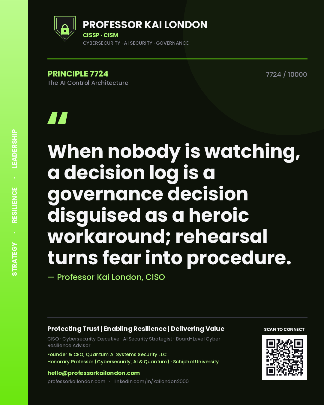 Quote card by Professor Kai London reading 'When nobody is watching, a decision log is a governance decision disguised as a heroic workaround; rehearsal turns fear into procedure.'. From the book The AI Control Architecture.