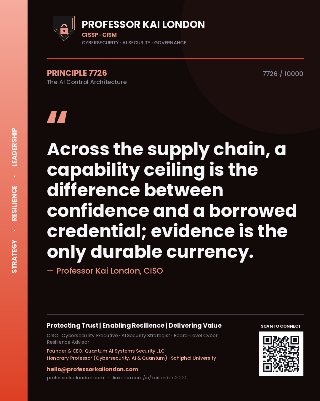 Quote card by Professor Kai London reading 'Across the supply chain, a capability ceiling is the difference between confidence and a borrowed credential; evidence is the only durable currency.'. From the book The AI Control Architecture.