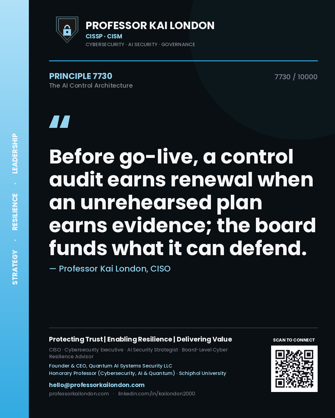 Quote card by Professor Kai London reading 'Before go-live, a control audit earns renewal when an unrehearsed plan earns evidence; the board funds what it can defend.'. From the book The AI Control Architecture.