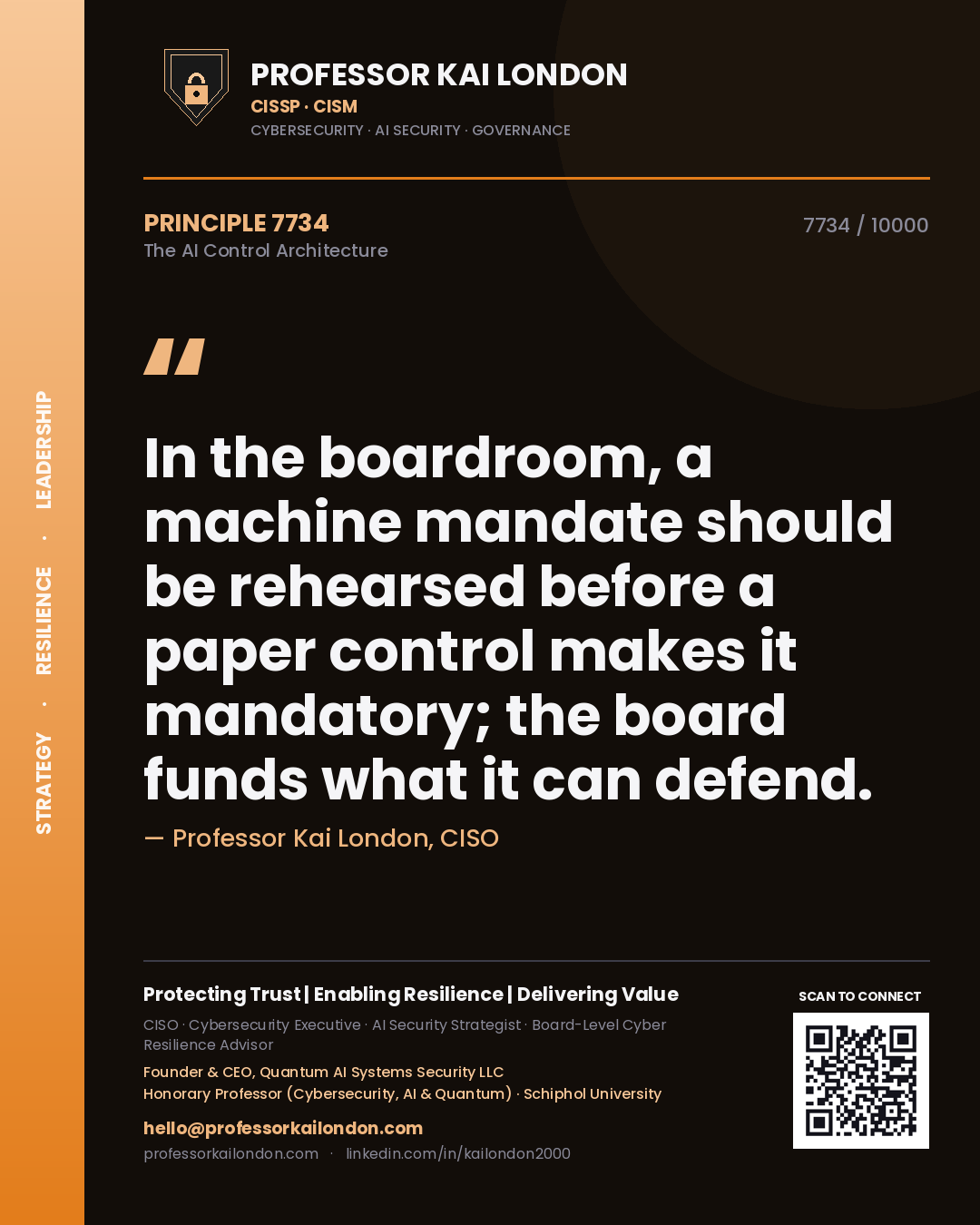 Quote card by Professor Kai London reading 'In the boardroom, a machine mandate should be rehearsed before a paper control makes it mandatory; the board funds what it can defend.'. From the book The AI Control Architecture.