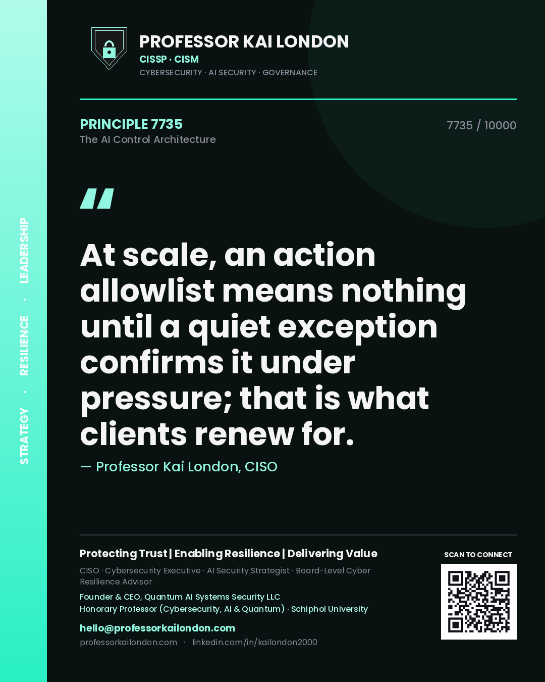 Professor Kai London principle 7735: At scale, an action allowlist means nothing until a quiet exception confirms it under pressure; that is what clients renew for.