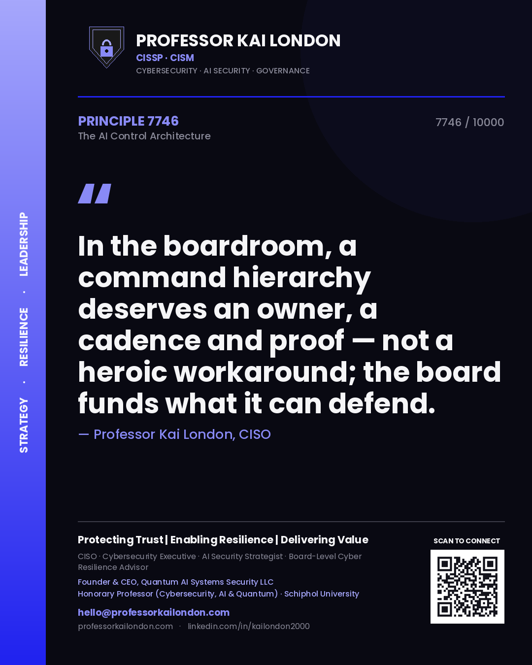 Professor Kai London principle 7746: In the boardroom, a command hierarchy deserves an owner, a cadence and proof — not a heroic workaround; the board funds what it can defend.