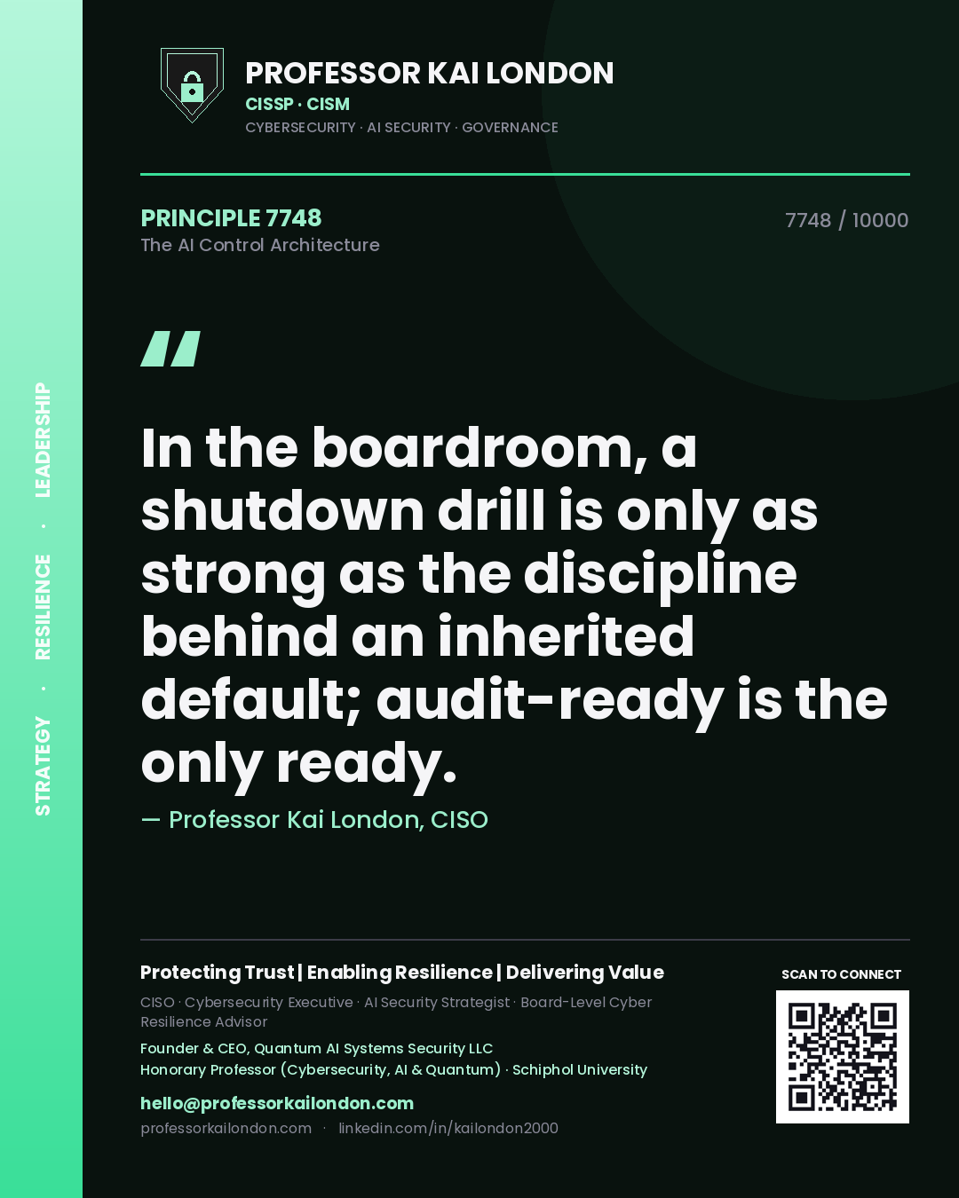 Quote card by Professor Kai London reading 'In the boardroom, a shutdown drill is only as strong as the discipline behind an inherited default; audit-ready is the only ready.'. From the book The AI Control Architecture.