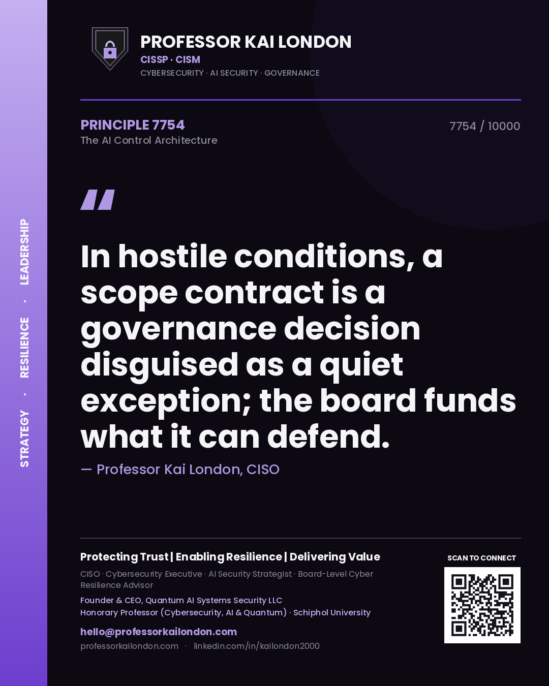 Quote card by Professor Kai London reading 'In hostile conditions, a scope contract is a governance decision disguised as a quiet exception; the board funds what it can defend.'. From the book The AI Control Architecture.