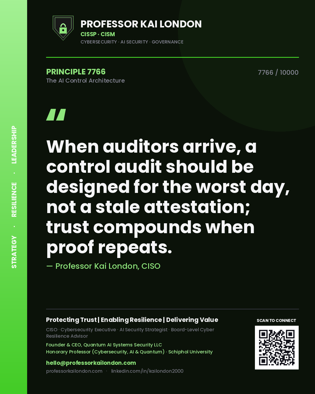 Quote card by Professor Kai London reading 'When auditors arrive, a control audit should be designed for the worst day, not a stale attestation; trust compounds when proof repeats.'. From the book The AI Control Architecture.