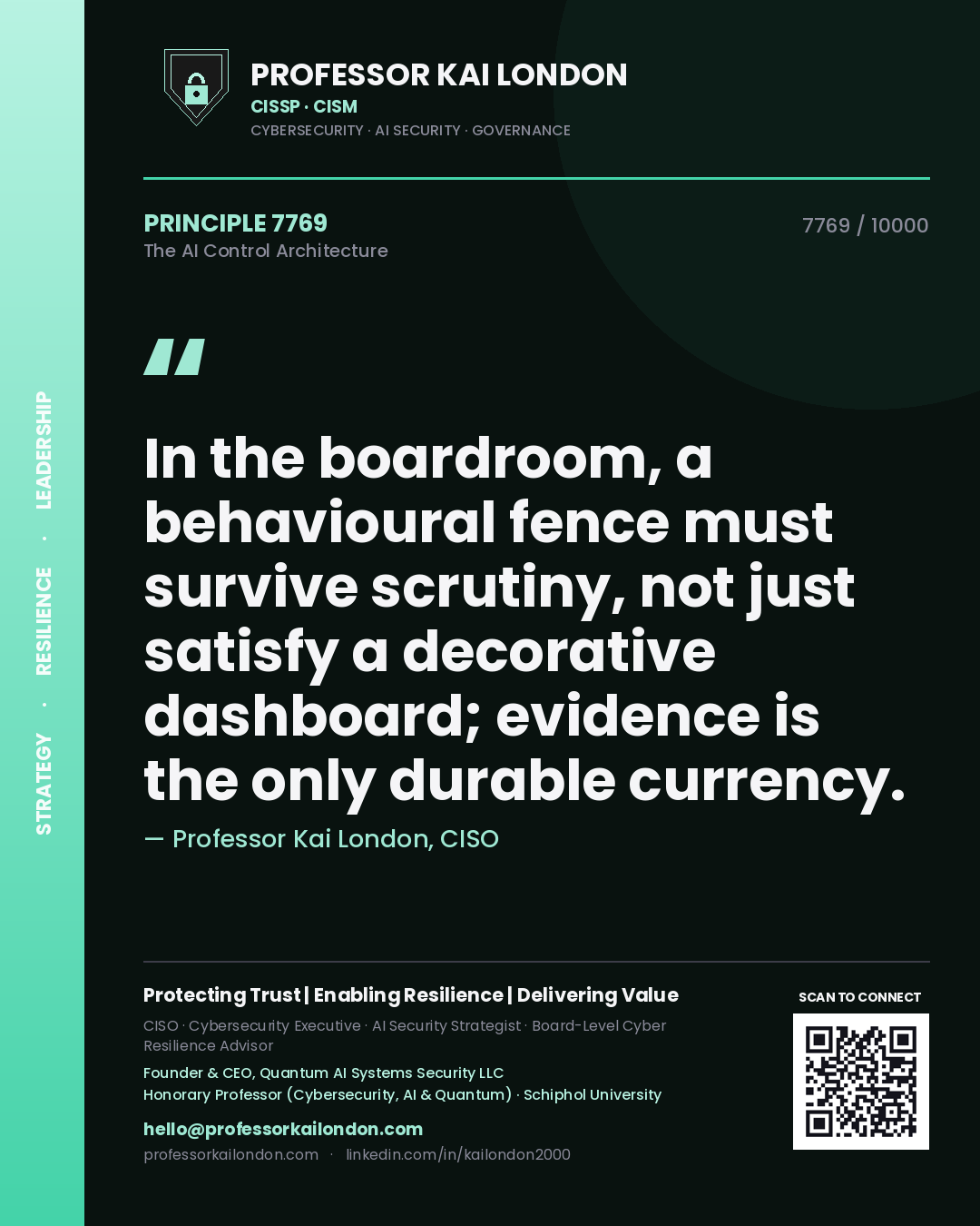 Quote card by Professor Kai London reading 'In the boardroom, a behavioural fence must survive scrutiny, not just satisfy a decorative dashboard; evidence is the only durable currency.'. From the book The AI Control Architecture.