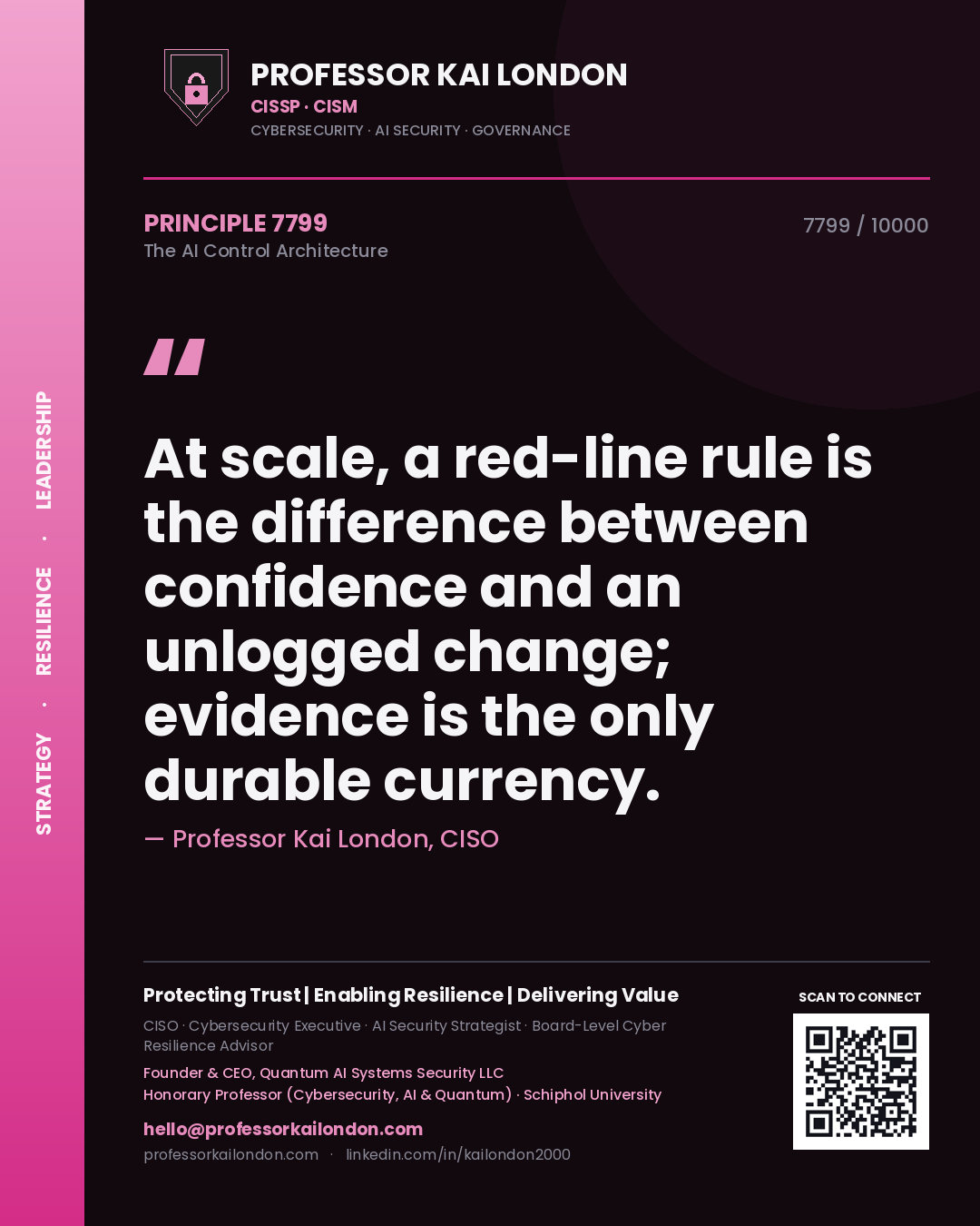 Quote card by Professor Kai London reading 'At scale, a red-line rule is the difference between confidence and an unlogged change; evidence is the only durable currency.'. From the book The AI Control Architecture.
