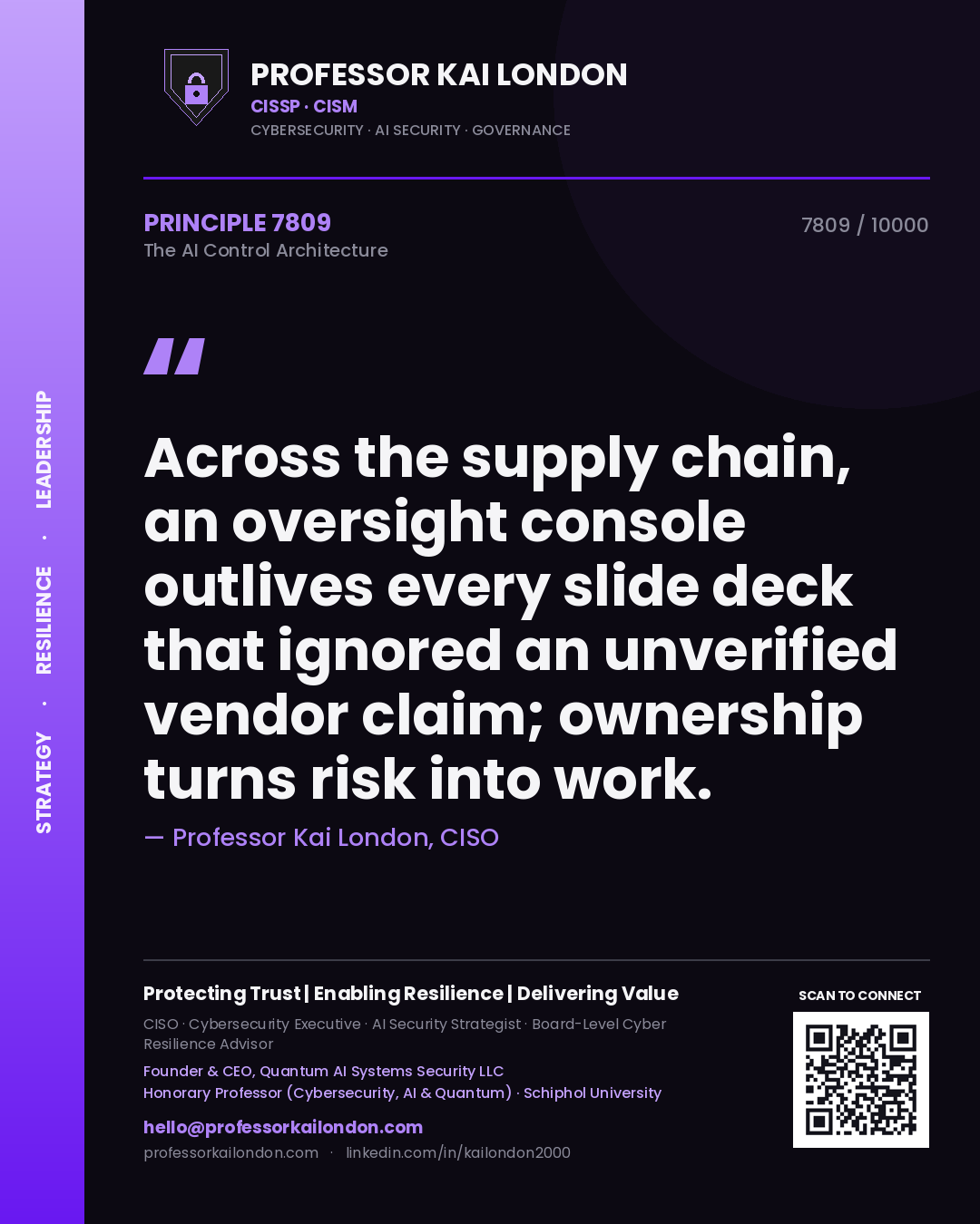 Quote card by Professor Kai London reading 'Across the supply chain, an oversight console outlives every slide deck that ignored an unverified vendor claim; ownership turns risk into work.'. From the book The AI Control Architecture.