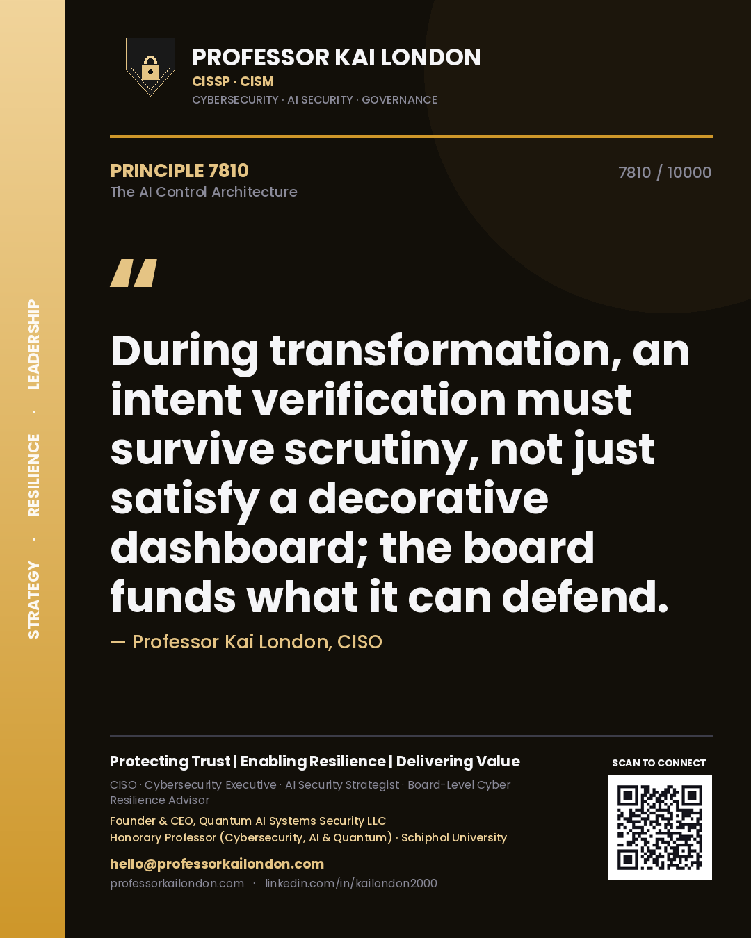 Quote card by Professor Kai London reading 'During transformation, an intent verification must survive scrutiny, not just satisfy a decorative dashboard; the board funds what it can defend.'. From the book The AI Control Architecture.