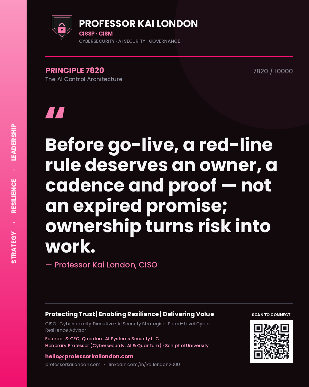 Quote card by Professor Kai London reading 'Before go-live, a red-line rule deserves an owner, a cadence and proof — not an expired promise; ownership turns risk into work.'. From the book The AI Control Architecture.