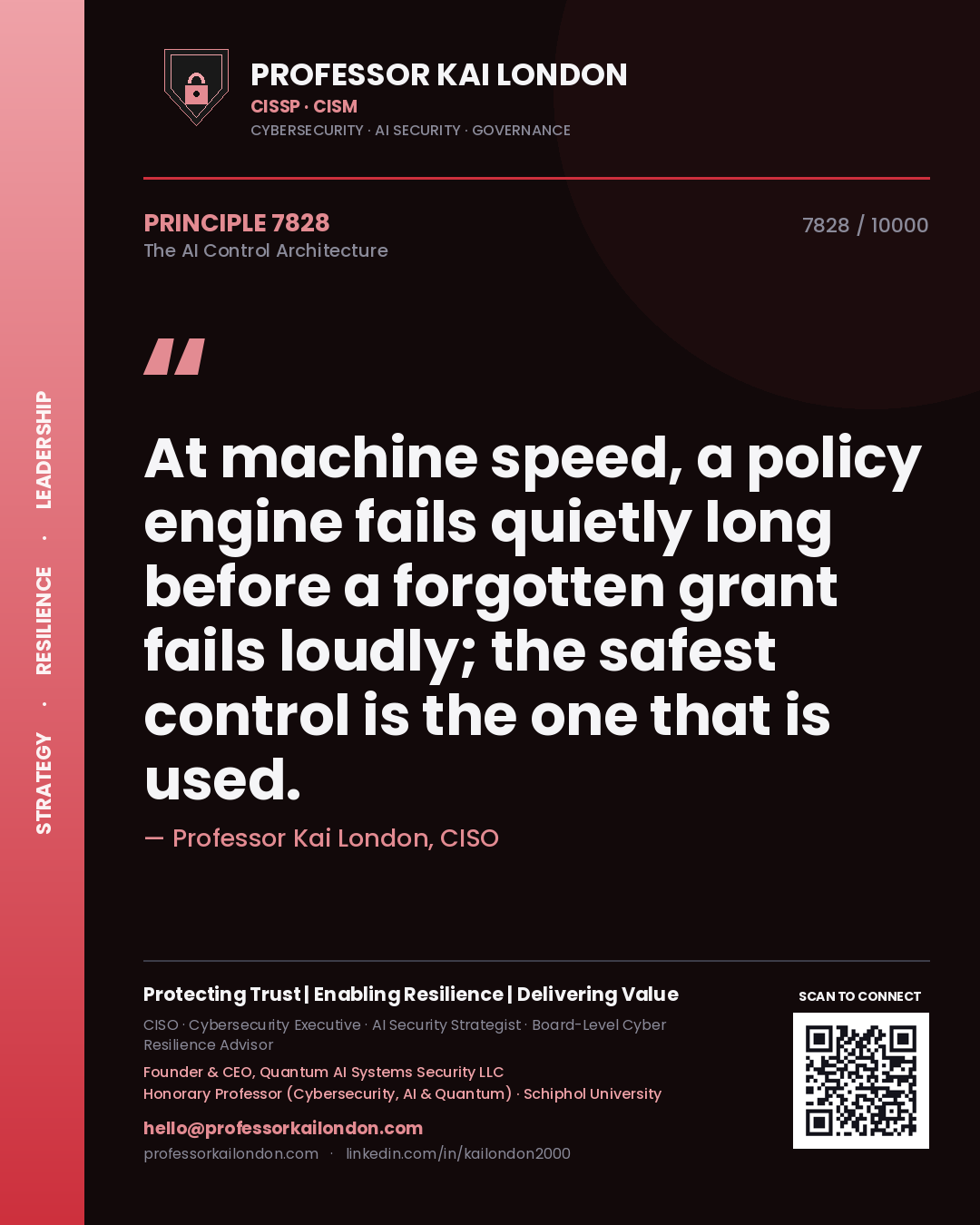 Quote card by Professor Kai London reading 'At machine speed, a policy engine fails quietly long before a forgotten grant fails loudly; the safest control is the one that is used.'. From the book The AI Control Architecture.