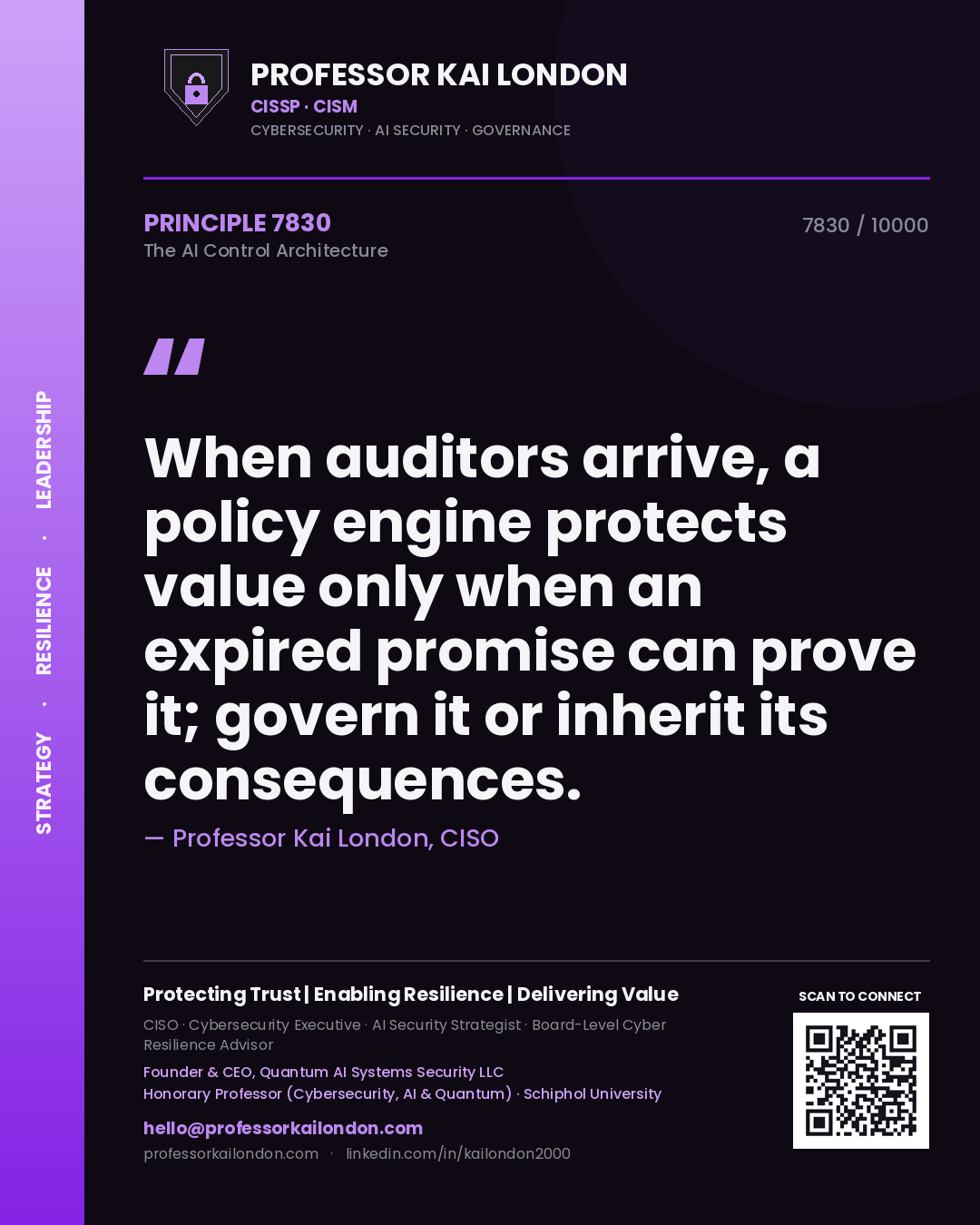Quote card by Professor Kai London reading 'When auditors arrive, a policy engine protects value only when an expired promise can prove it; govern it or inherit its consequences.'. From the book The AI Control Architecture.