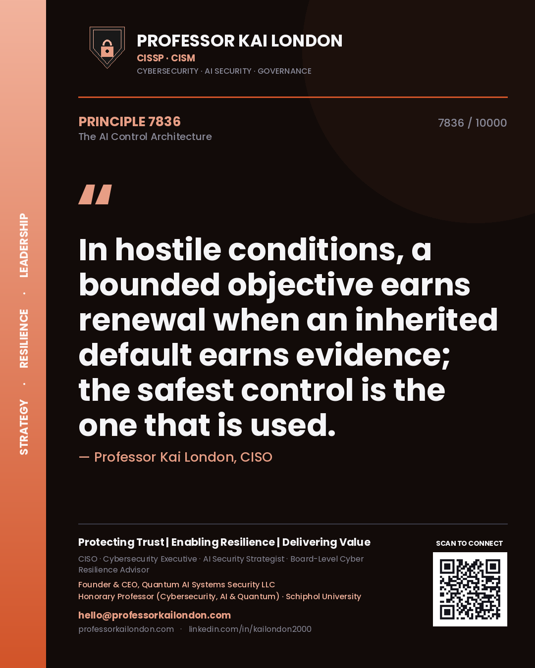 Professor Kai London principle 7836: In hostile conditions, a bounded objective earns renewal when an inherited default earns evidence; the safest control is the one that is used.