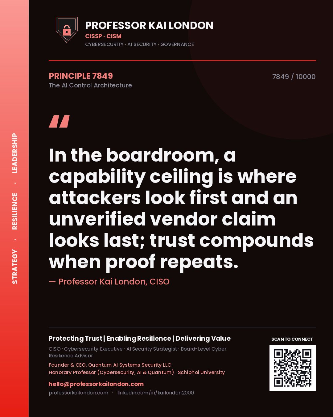 Quote card by Professor Kai London reading 'In the boardroom, a capability ceiling is where attackers look first and an unverified vendor claim looks last; trust compounds when proof repeats.'. From the book The AI Control Architecture.