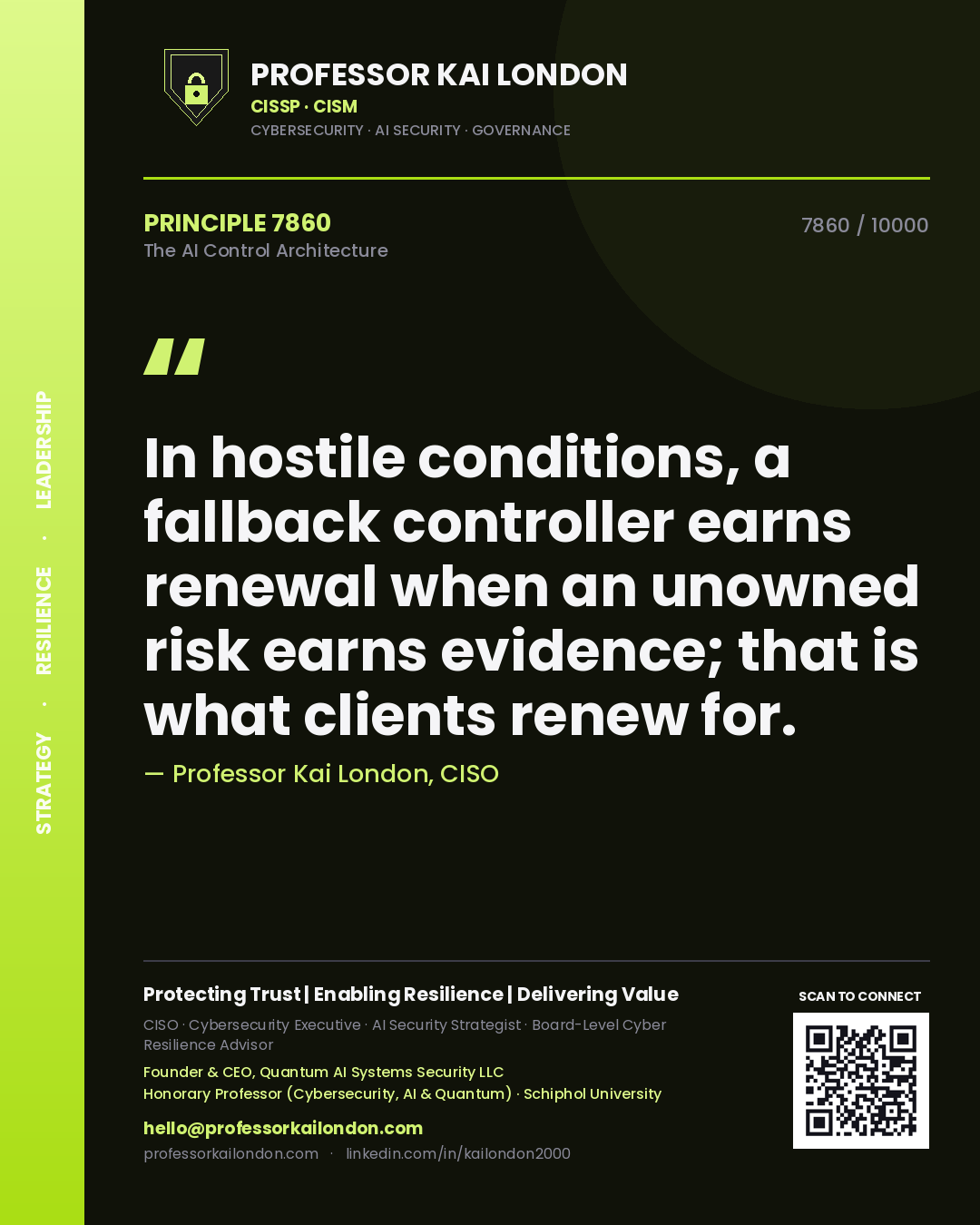 Quote card by Professor Kai London reading 'In hostile conditions, a fallback controller earns renewal when an unowned risk earns evidence; that is what clients renew for.'. From the book The AI Control Architecture.