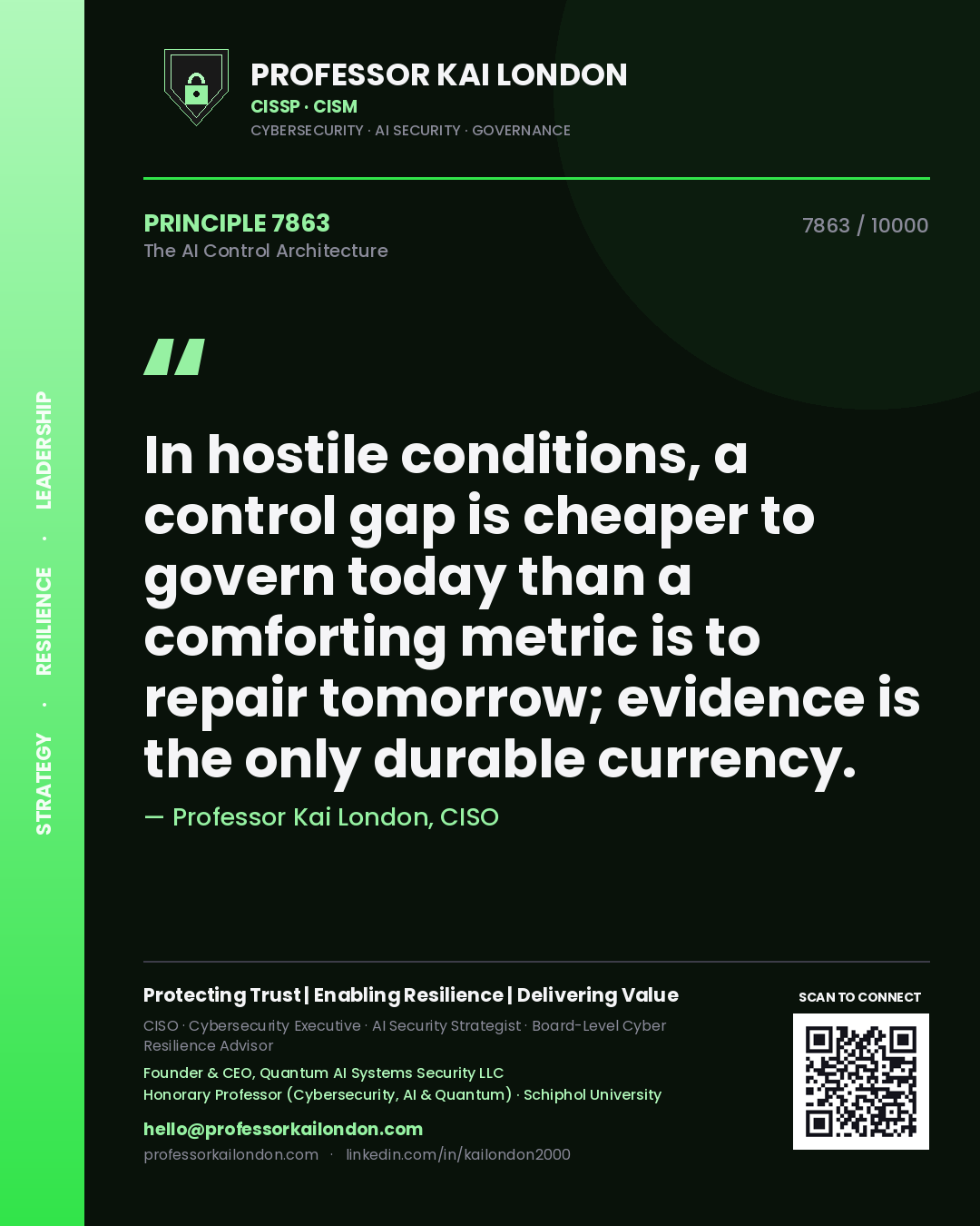 Professor Kai London principle 7863: In hostile conditions, a control gap is cheaper to govern today than a comforting metric is to repair tomorrow; evidence is the only durable currency.