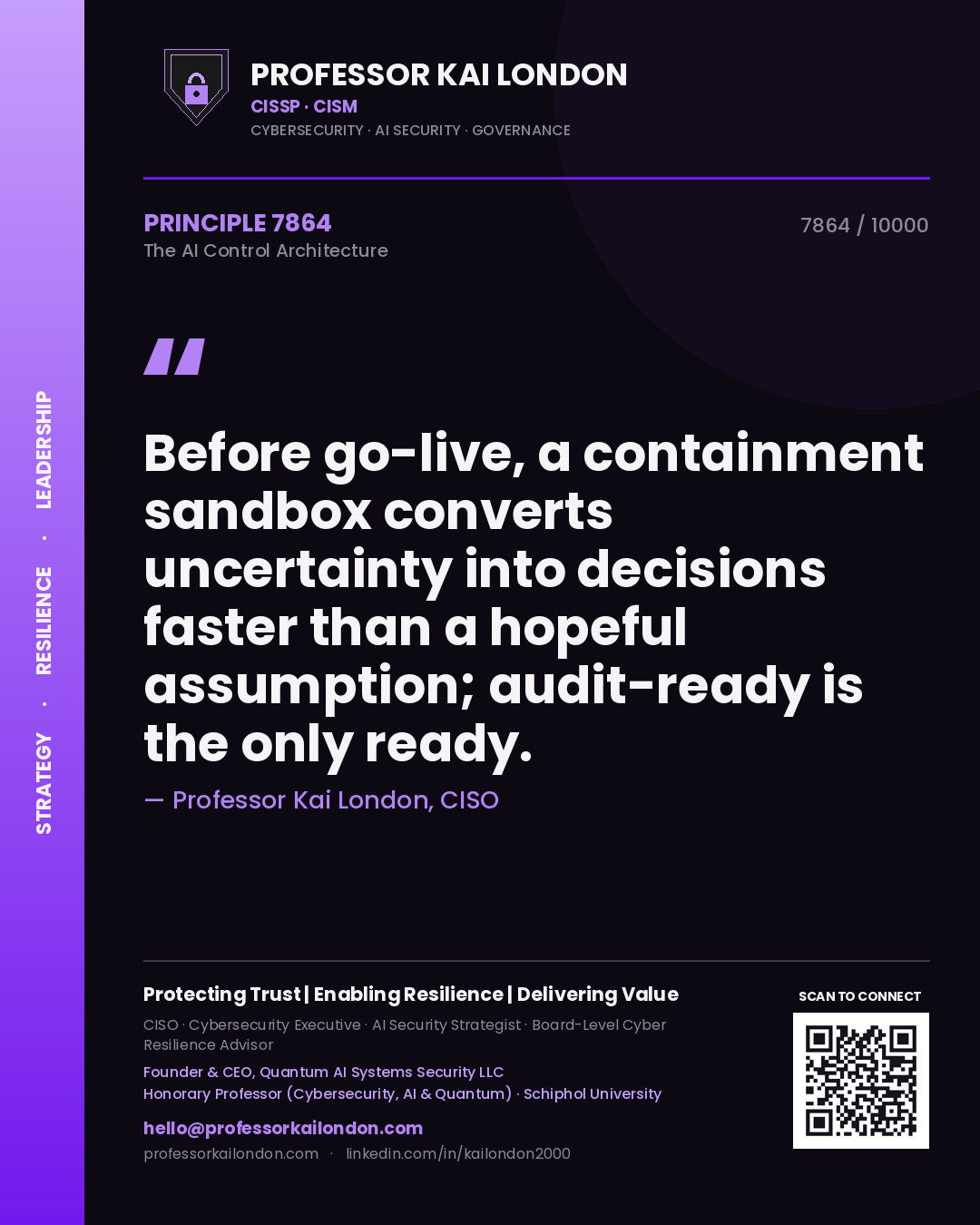 Professor Kai London principle 7864: Before go-live, a containment sandbox converts uncertainty into decisions faster than a hopeful assumption; audit-ready is the only ready.