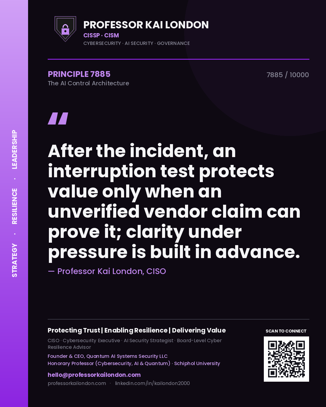 Professor Kai London principle 7885: After the incident, an interruption test protects value only when an unverified vendor claim can prove it; clarity under pressure is built in advance.