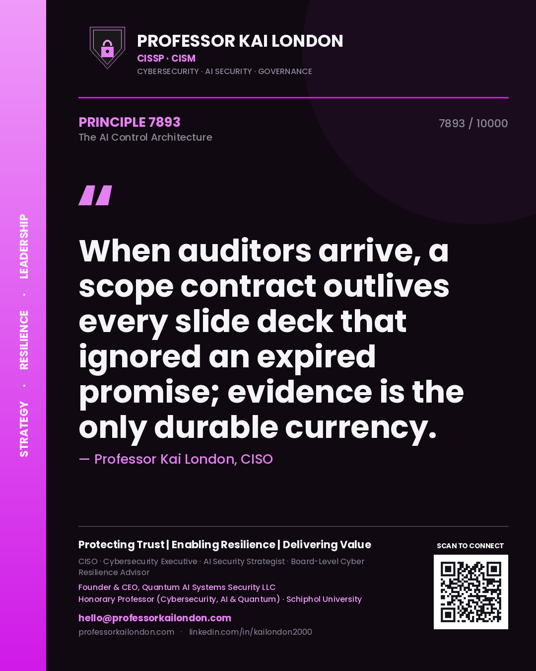 Professor Kai London principle 7893: When auditors arrive, a scope contract outlives every slide deck that ignored an expired promise; evidence is the only durable currency.