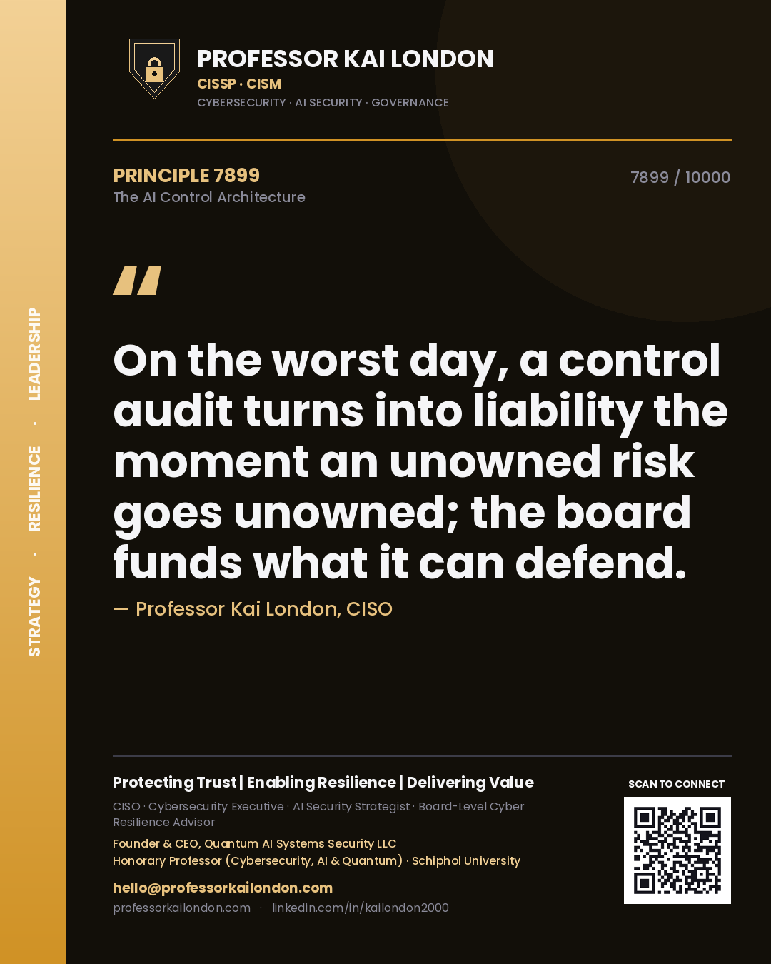 Quote card by Professor Kai London reading 'On the worst day, a control audit turns into liability the moment an unowned risk goes unowned; the board funds what it can defend.'. From the book The AI Control Architecture.