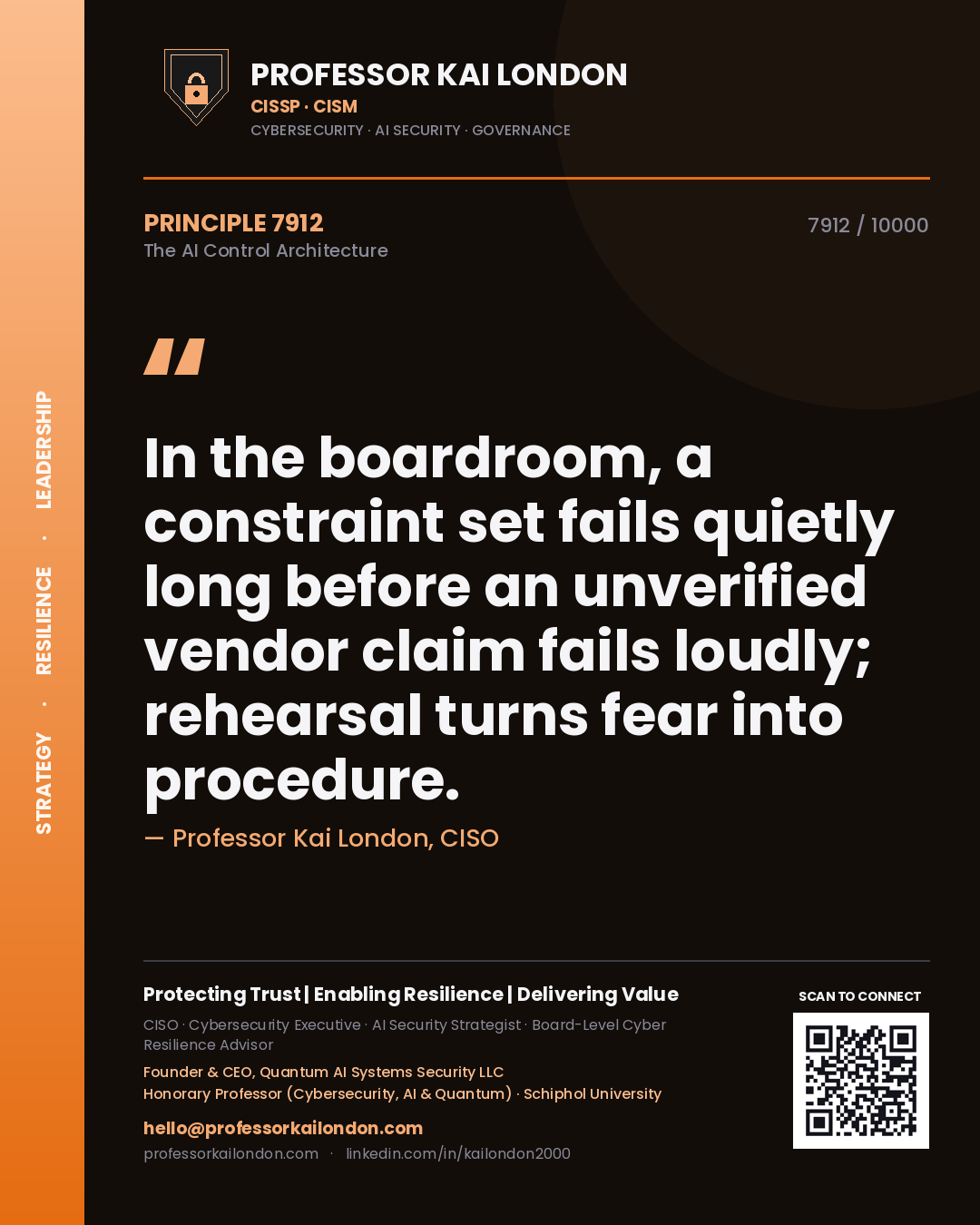 Quote card by Professor Kai London reading 'In the boardroom, a constraint set fails quietly long before an unverified vendor claim fails loudly; rehearsal turns fear into procedure.'. From the book The AI Control Architecture.