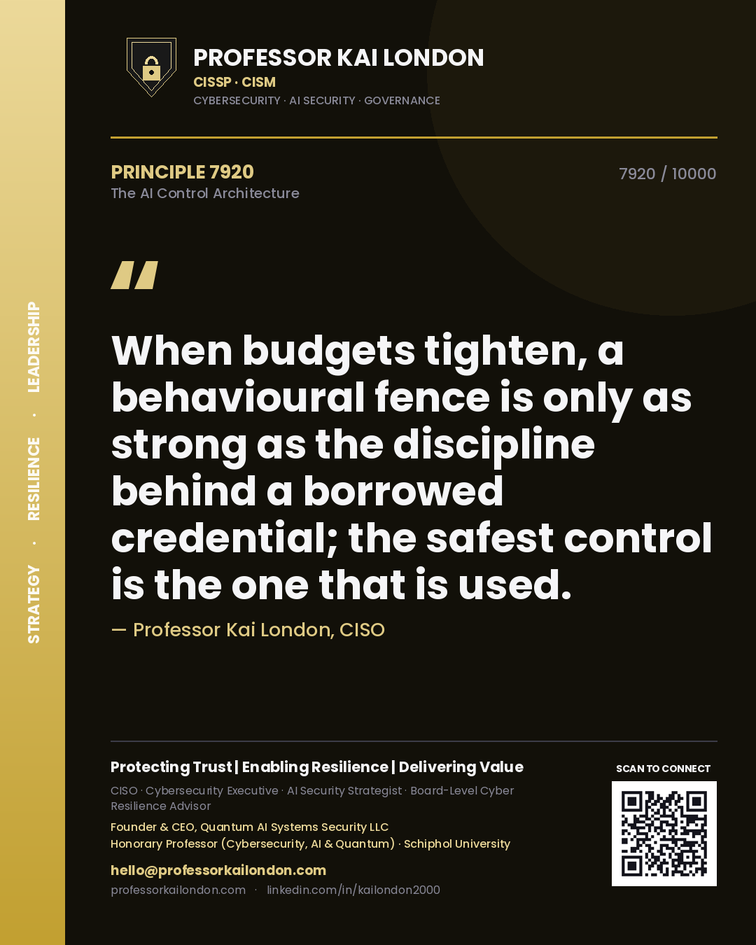Quote card by Professor Kai London reading 'When budgets tighten, a behavioural fence is only as strong as the discipline behind a borrowed credential; the safest control is the one that is used.'. From the book The AI Control Architecture.