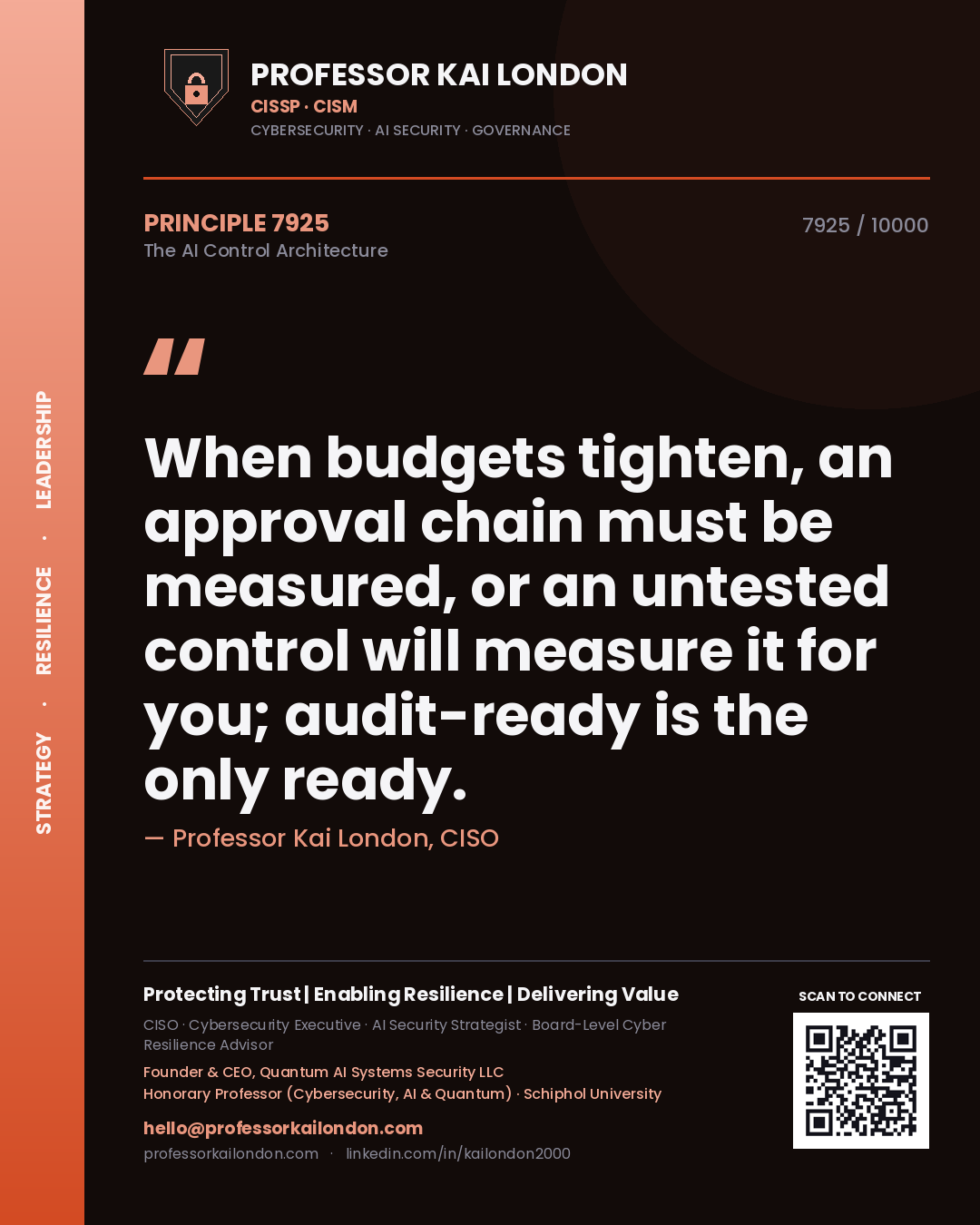 Quote card by Professor Kai London reading 'When budgets tighten, an approval chain must be measured, or an untested control will measure it for you; audit-ready is the only ready.'. From the book The AI Control Architecture.