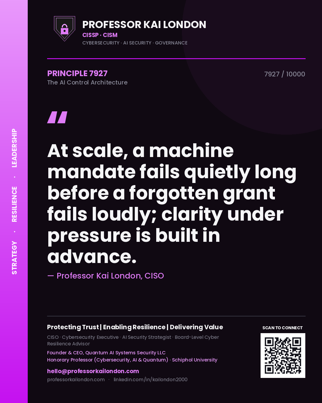 Quote card by Professor Kai London reading 'At scale, a machine mandate fails quietly long before a forgotten grant fails loudly; clarity under pressure is built in advance.'. From the book The AI Control Architecture.