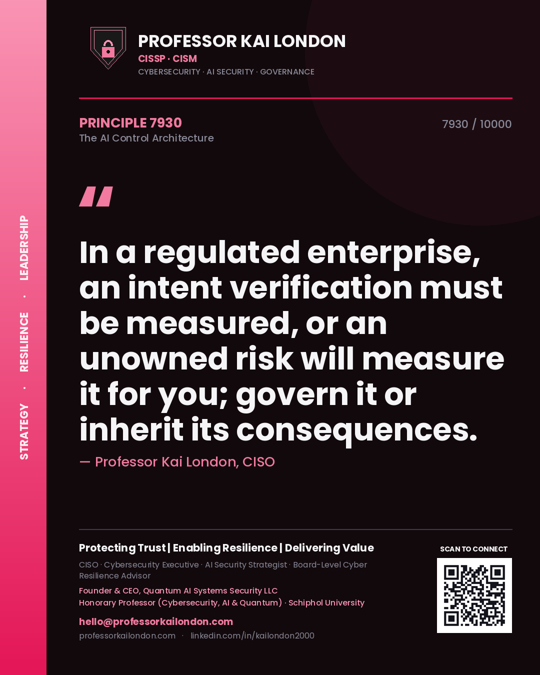 Quote card by Professor Kai London reading 'In a regulated enterprise, an intent verification must be measured, or an unowned risk will measure it for you; govern it or inherit its consequences.'. From the book The AI Control Architecture.