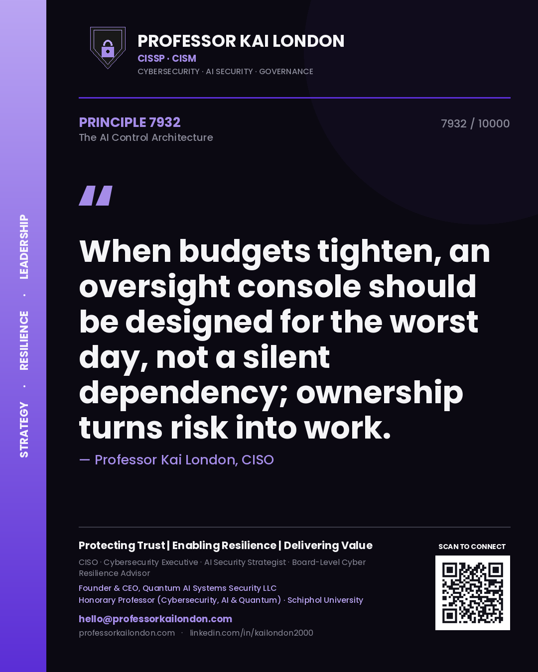 Quote card by Professor Kai London reading 'When budgets tighten, an oversight console should be designed for the worst day, not a silent dependency; ownership turns risk into work.'. From the book The AI Control Architecture.