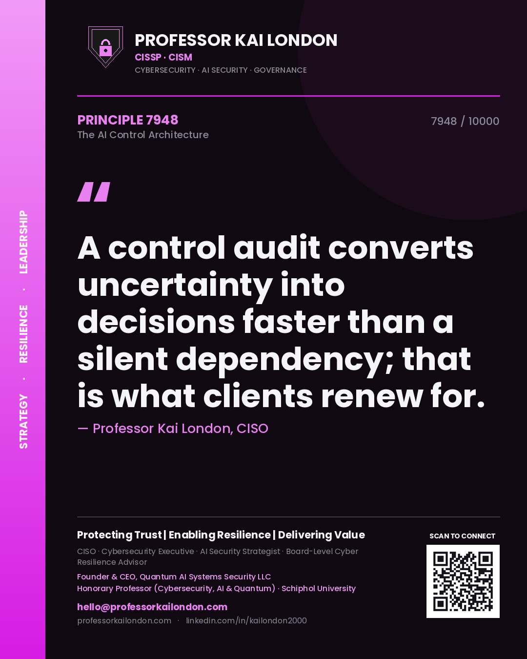 Quote card by Professor Kai London reading 'A control audit converts uncertainty into decisions faster than a silent dependency; that is what clients renew for.'. From the book The AI Control Architecture.