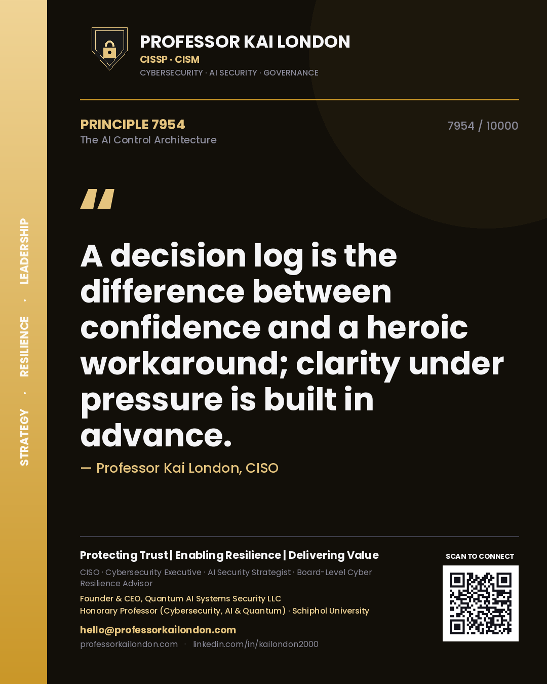 Professor Kai London principle 7954: A decision log is the difference between confidence and a heroic workaround; clarity under pressure is built in advance.