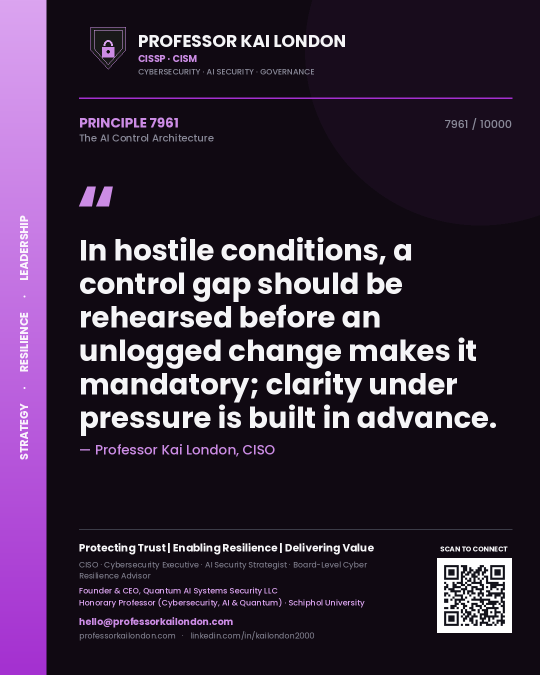 Professor Kai London principle 7961: In hostile conditions, a control gap should be rehearsed before an unlogged change makes it mandatory; clarity under pressure is built in advance.