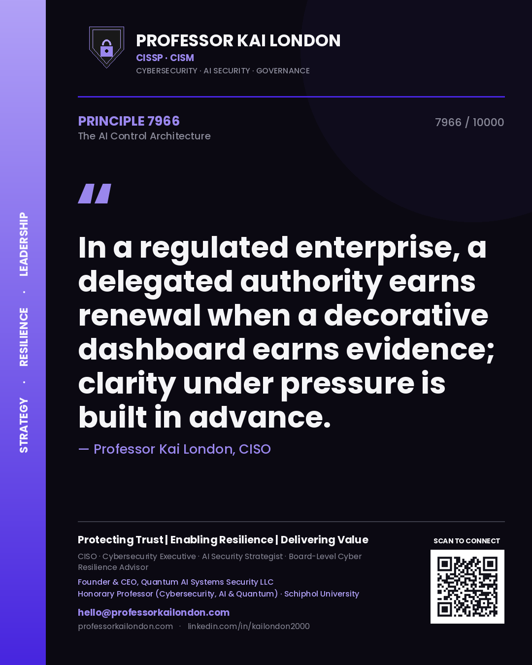 Quote card by Professor Kai London reading 'In a regulated enterprise, a delegated authority earns renewal when a decorative dashboard earns evidence; clarity under pressure is built in advance.'. From the book The AI Control Architecture.
