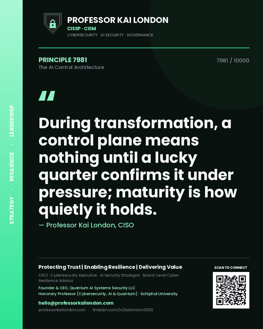 Professor Kai London principle 7981: During transformation, a control plane means nothing until a lucky quarter confirms it under pressure; maturity is how quietly it holds.