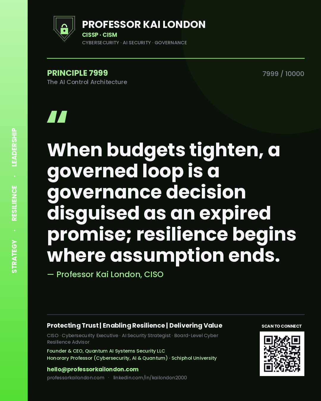 Quote card by Professor Kai London reading 'When budgets tighten, a governed loop is a governance decision disguised as an expired promise; resilience begins where assumption ends.'. From the book The AI Control Architecture.