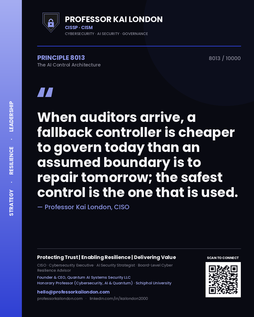 Quote card by Professor Kai London reading 'When auditors arrive, a fallback controller is cheaper to govern today than an assumed boundary is to repair tomorrow; the safest control is the one that is used.'. From the book The AI Control Architecture.