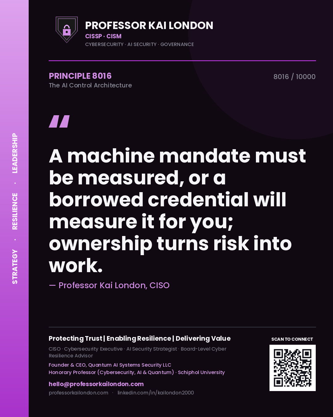 Professor Kai London principle 8016: A machine mandate must be measured, or a borrowed credential will measure it for you; ownership turns risk into work.