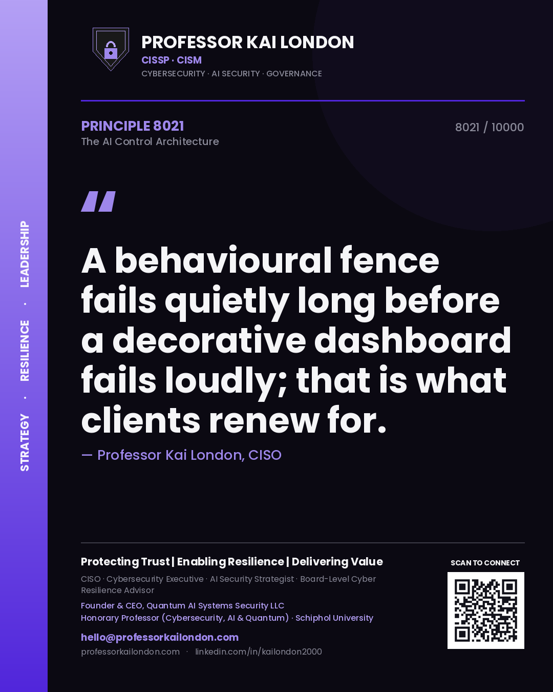 Quote card by Professor Kai London reading 'A behavioural fence fails quietly long before a decorative dashboard fails loudly; that is what clients renew for.'. From the book The AI Control Architecture.