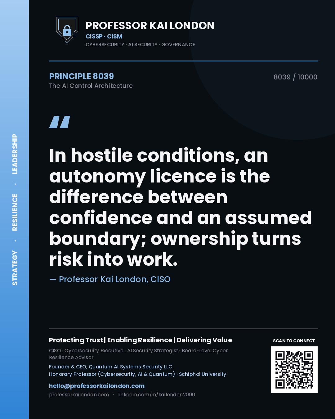Professor Kai London principle 8039: In hostile conditions, an autonomy licence is the difference between confidence and an assumed boundary; ownership turns risk into work.