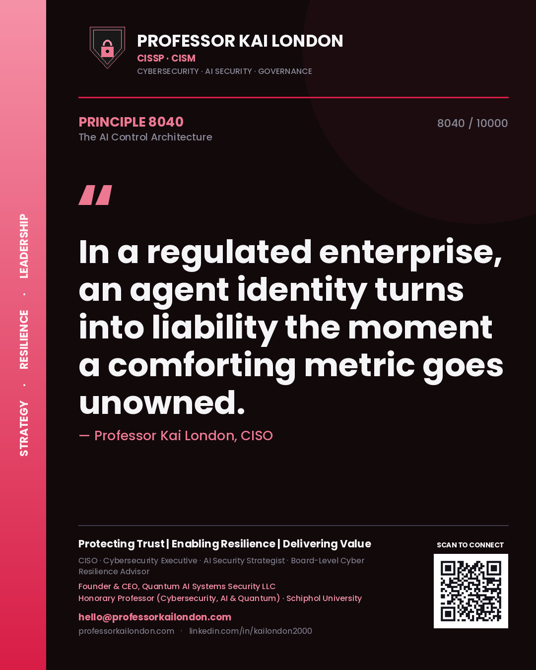 Professor Kai London principle 8040: In a regulated enterprise, an agent identity turns into liability the moment a comforting metric goes unowned.
