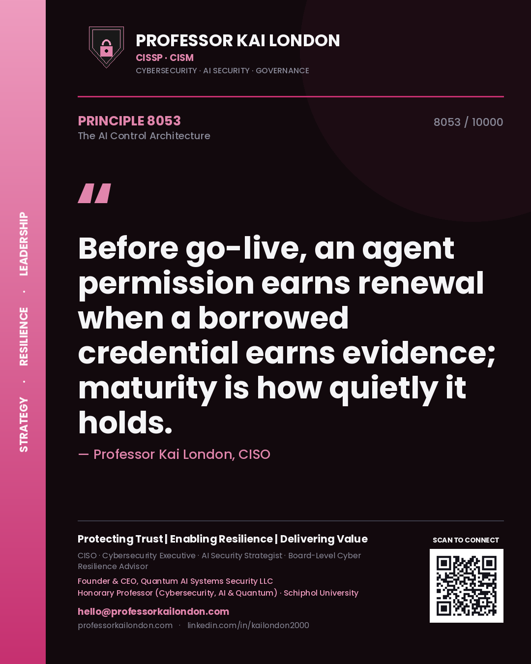 Quote card by Professor Kai London reading 'Before go-live, an agent permission earns renewal when a borrowed credential earns evidence; maturity is how quietly it holds.'. From the book The AI Control Architecture.