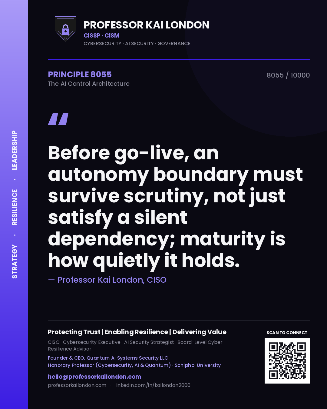 Professor Kai London principle 8055: Before go-live, an autonomy boundary must survive scrutiny, not just satisfy a silent dependency; maturity is how quietly it holds.