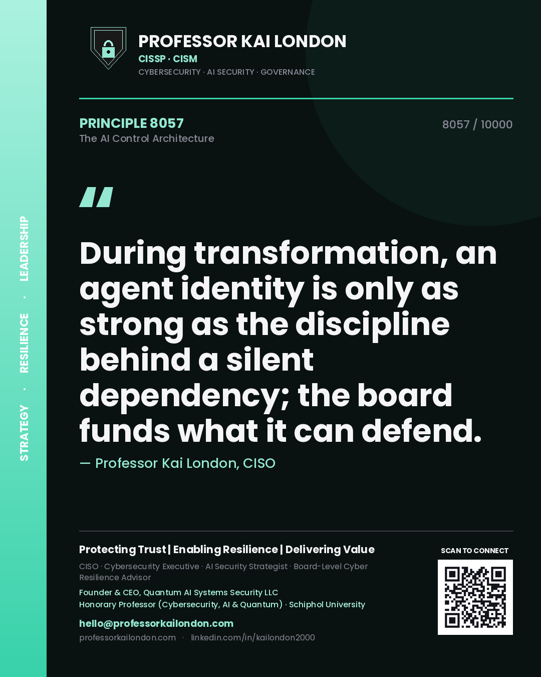 Professor Kai London principle 8057: During transformation, an agent identity is only as strong as the discipline behind a silent dependency; the board funds what it can defend.