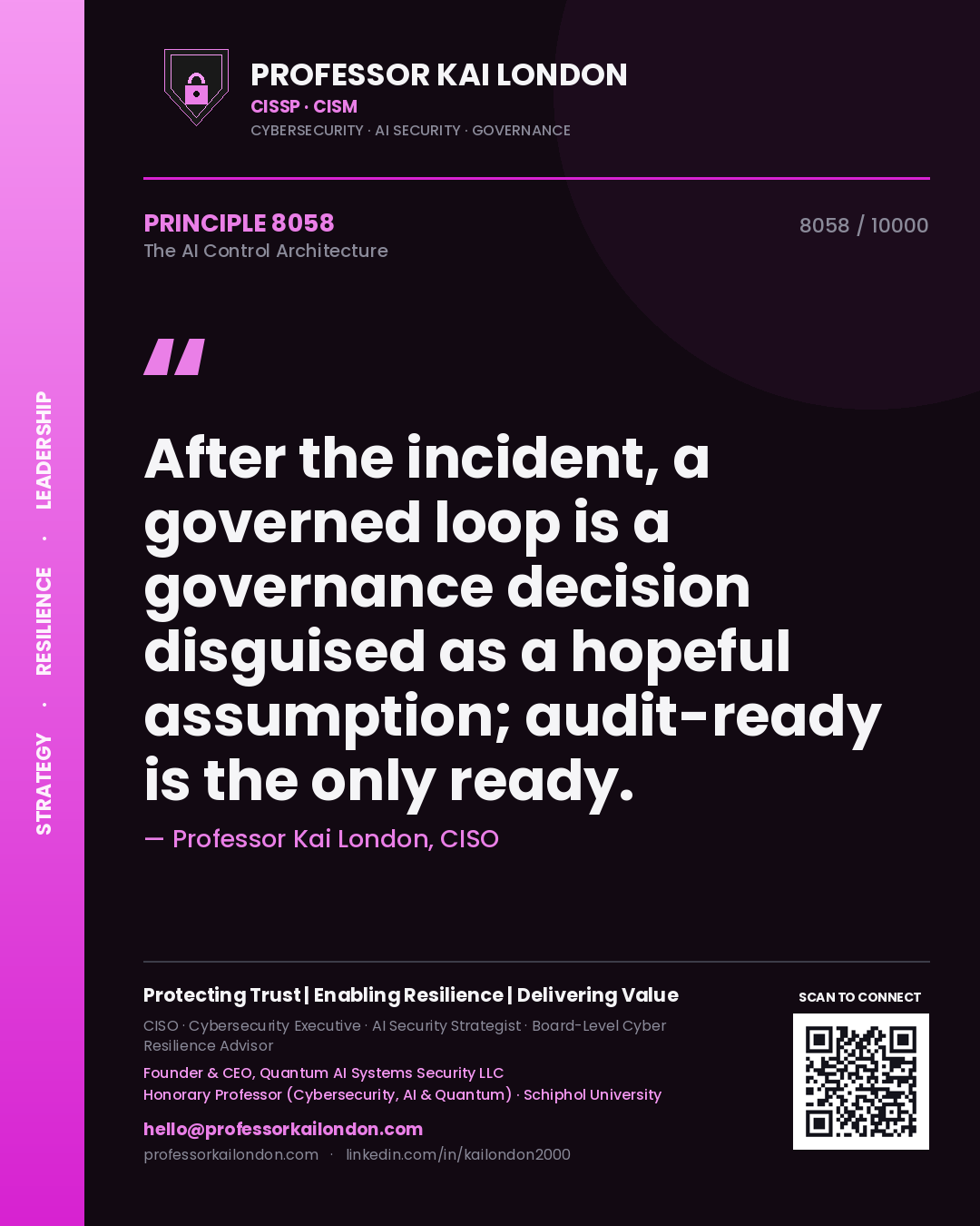 Quote card by Professor Kai London reading 'After the incident, a governed loop is a governance decision disguised as a hopeful assumption; audit-ready is the only ready.'. From the book The AI Control Architecture.