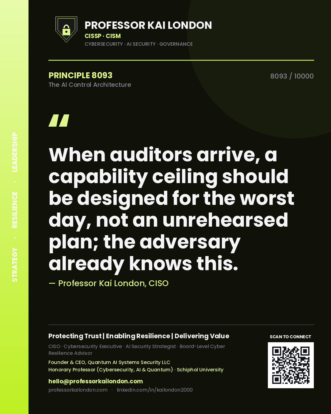 Quote card by Professor Kai London reading 'When auditors arrive, a capability ceiling should be designed for the worst day, not an unrehearsed plan; the adversary already knows this.'. From the book The AI Control Architecture.