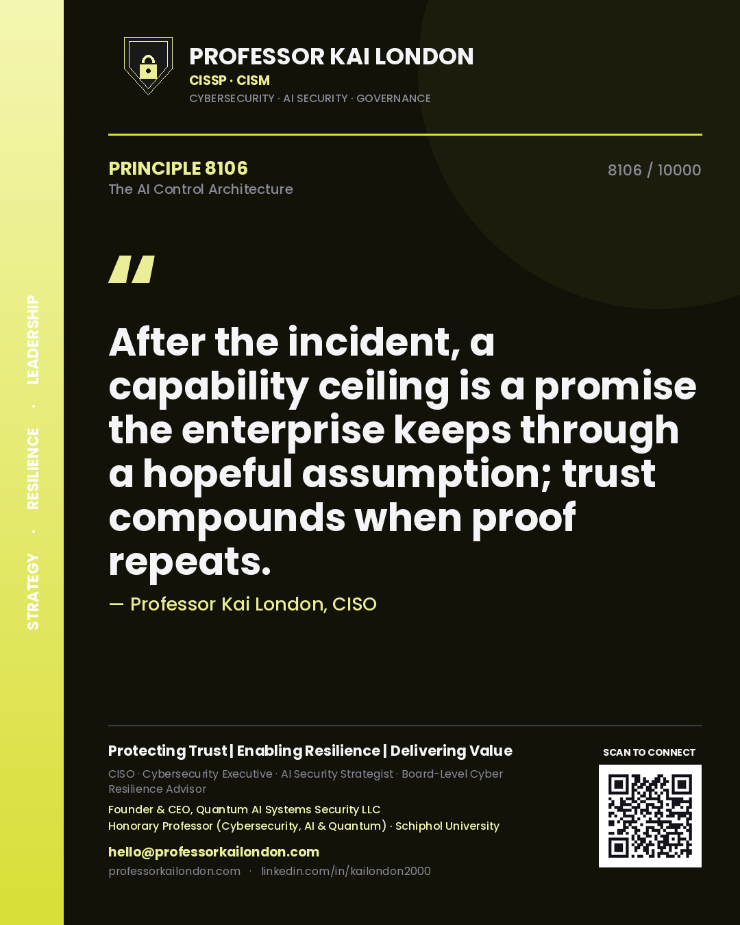 Professor Kai London principle 8106: After the incident, a capability ceiling is a promise the enterprise keeps through a hopeful assumption; trust compounds when proof repeats.
