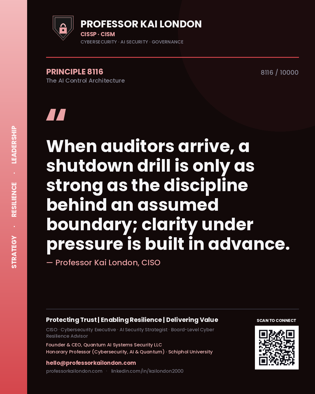 Professor Kai London principle 8116: When auditors arrive, a shutdown drill is only as strong as the discipline behind an assumed boundary; clarity under pressure is built in advance.
